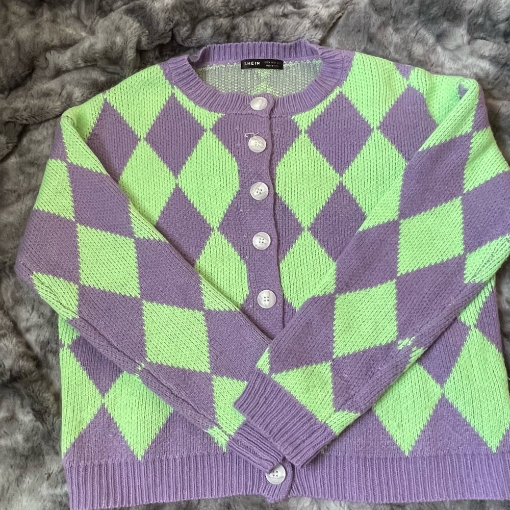 Purple & Green Checkered Cardigan